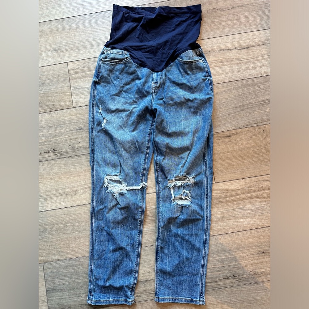 Blue Distressed Knee Rolled Hem Maternity Straight Leg Jeans